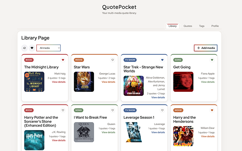 Screenshot of the QuotePocket app